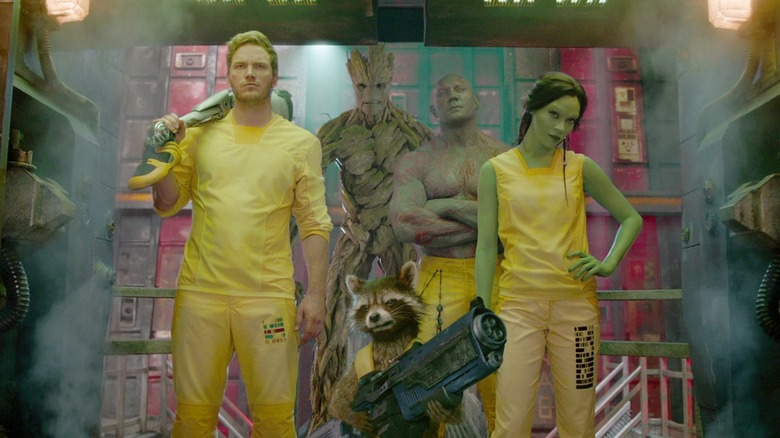 Star-Lord, Groot, Rocket, Drax, and Gamora breaking out of prison in "Guardians of the Galaxy"