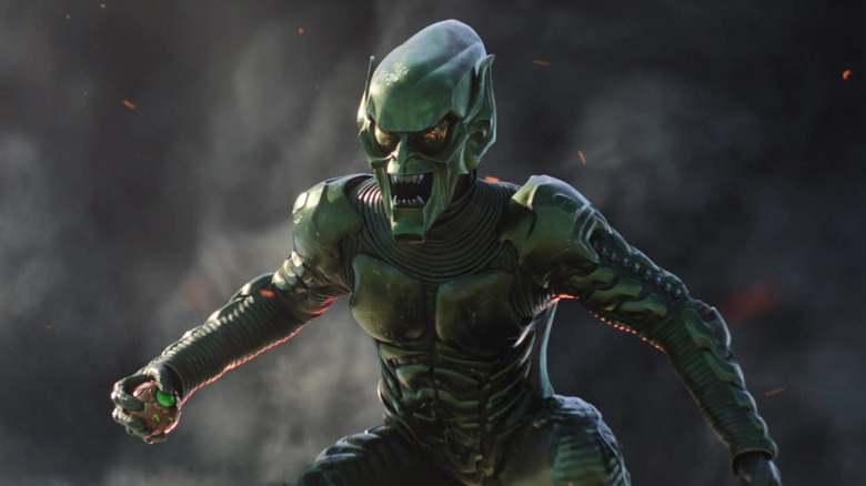 Green Goblin attacking in the air holding a bomb