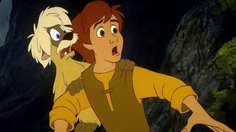 Animated characters Taran and Gurgi recoil in horror in 'The Black Cauldron' (1985)