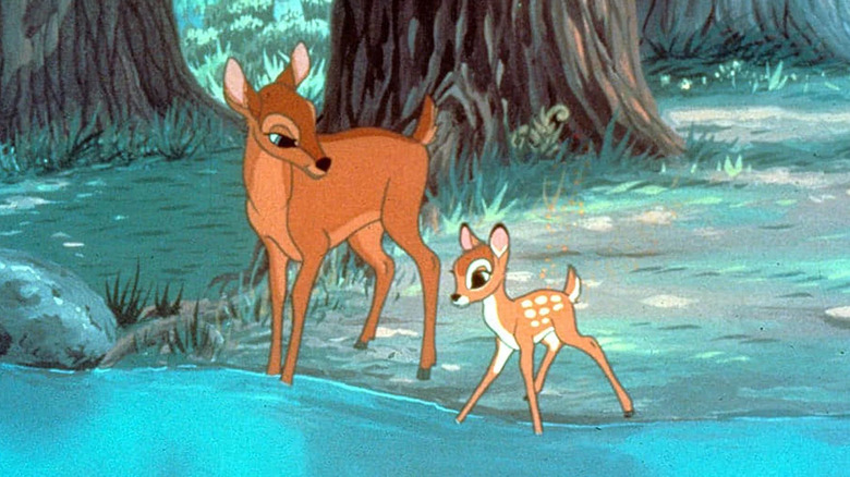 Bambi and his mom by a lake