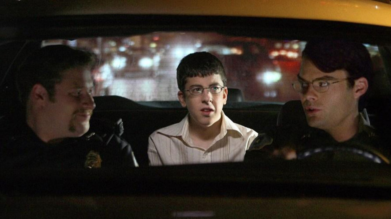 Fogell in the back of the cop car