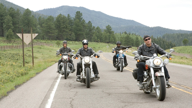 The lead characters of Wild Hogs hitting the road (2007)