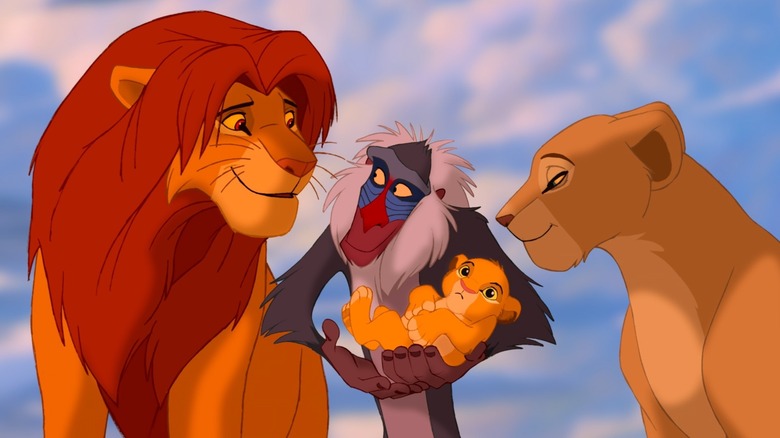 Simba, Rafiki, and Nala welcoming the new cub in The Lion King (1994)