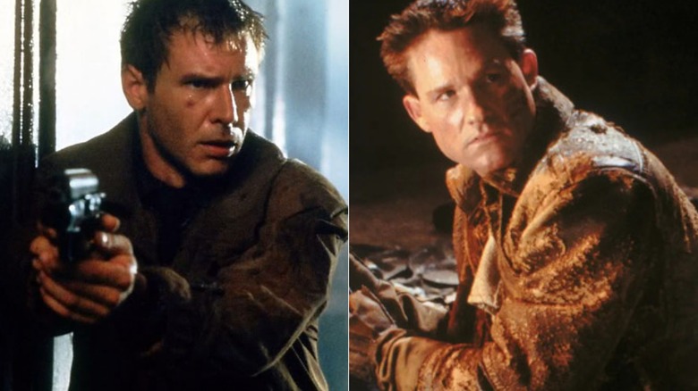 Decker aims his gun in "Blade Runner"; Sgt. Todd looks behind him in "Soldier"