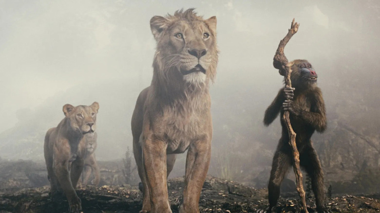 Young Mufasa and company coming out of the fog in Mufasa: The Lion King (2024)