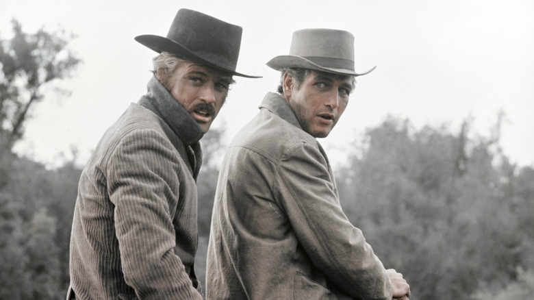 Butch and Sundance ride a horse in 'Butch Cassidy and the Sundance Kid' (1969)