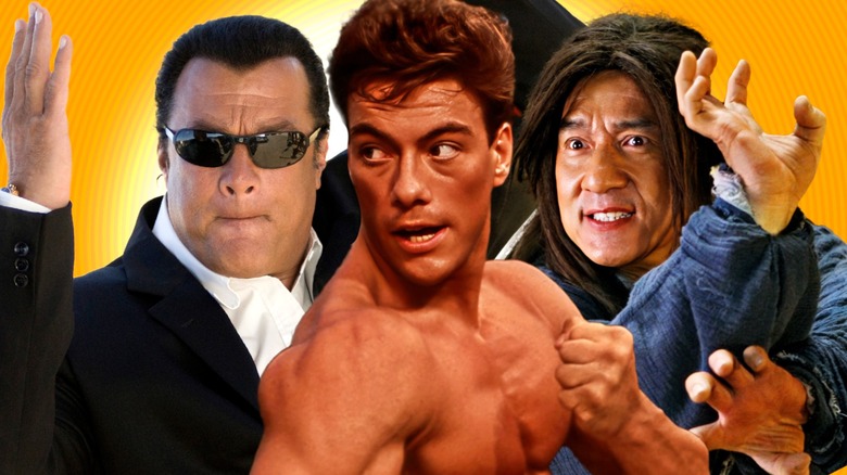 Steven Seagal, Jackie Chan, and Jean-Claude Van Damme fighting