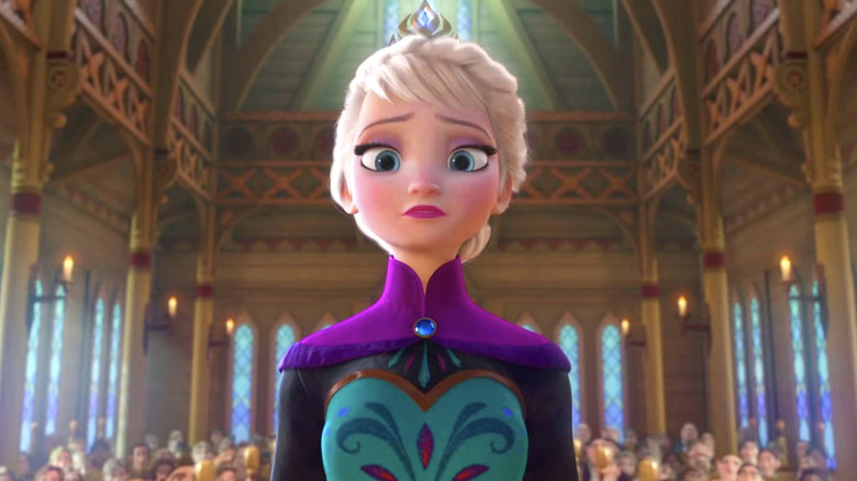 Elsa standing in a hall full of people, looking confused, in Frozen (2013)