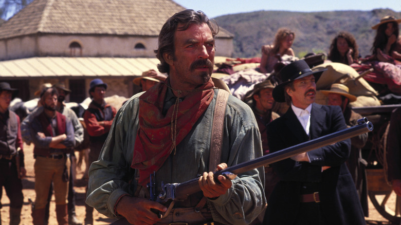 Matt Quigley brandishes his gun in "Quigley Down Under" (1990)
