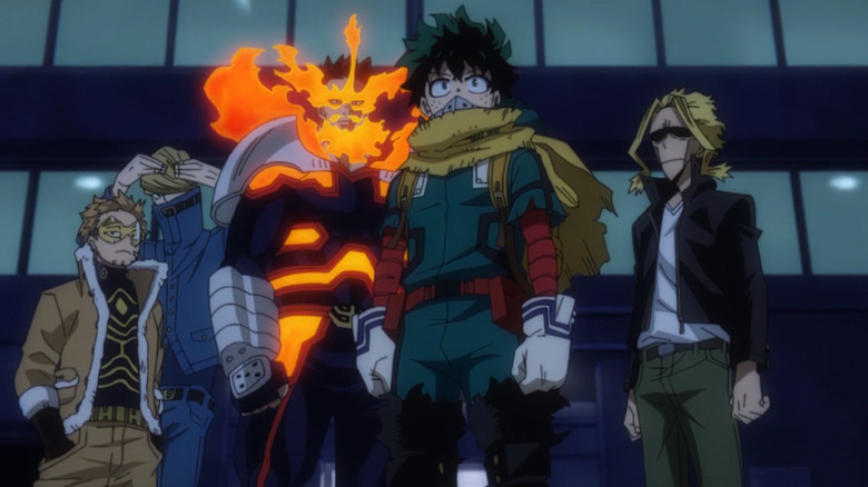 Midoriya, Endeavor, All Might, Hawks and Best Jeanist together