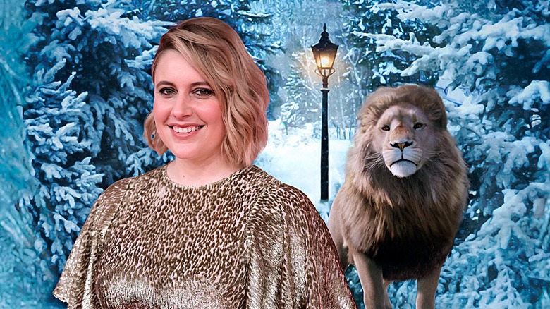 Greta Gerwig and Aslan composite