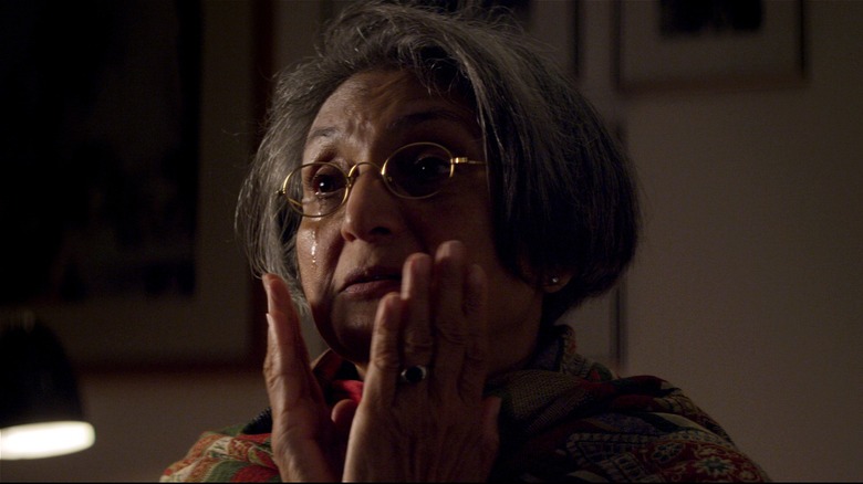 Ma Anand Sheela crying in a present-day interview in Wild, Wild Country (2018)