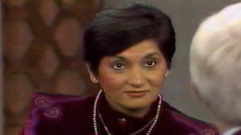 Ma Anand Sheela giving a TV interview in the 1980s, as clipped in Wild, Wild Country (2018)
