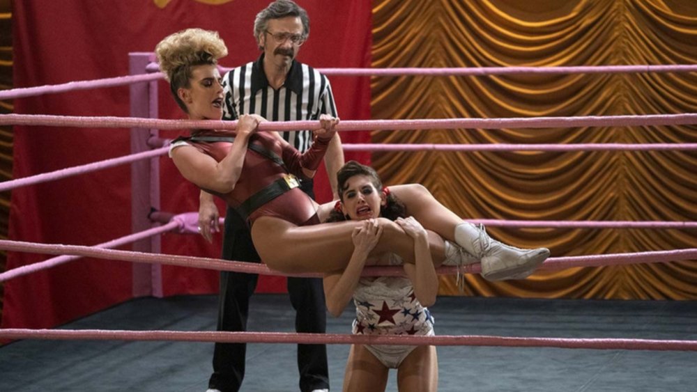 Marc Maron as Sam Sylvia, Alison Brie as Ruth Wilder, and Betty Gilpin as Debbie Eagan on GLOW