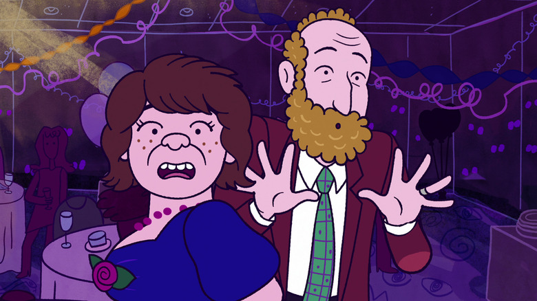 Naomi and Elliot appear shocked at a party in "Long Story Short" (2025)