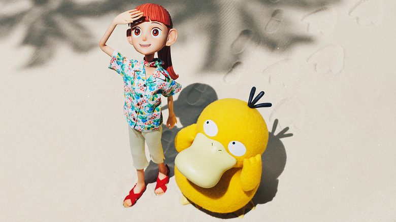 Haru and Psyduck on beach in Pokémon Concierge