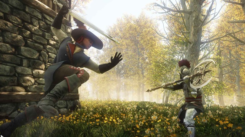 Characters fighting in a meadow