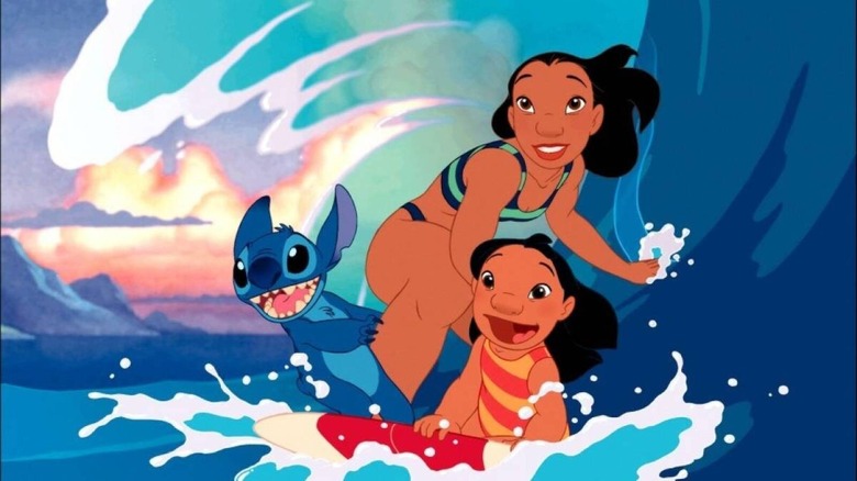 Stitch, Nani, and Lilo surfing