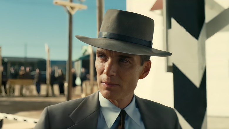 Cillian Murphy as J. Robert Oppenheimer looking intently to the left