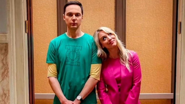 Penny leaning on Sheldon's shoulder