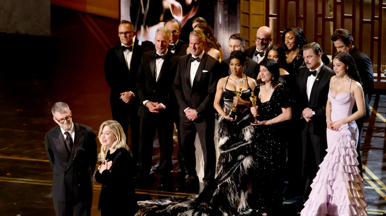 The One Battle After Another crew accepting their best picture win at the 98th Academy Awards (2026)