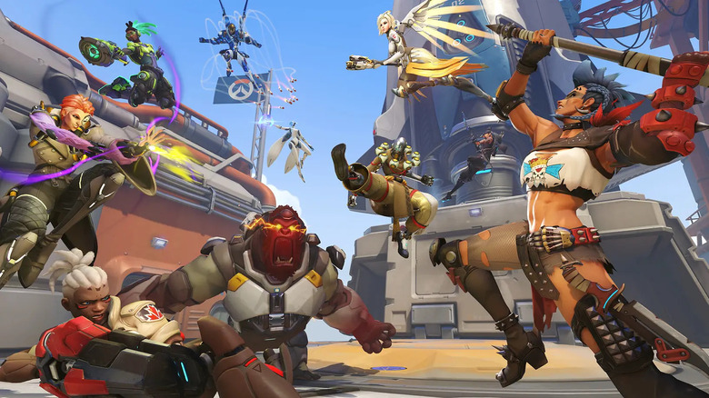 Overwatch 2 bunch of characters fighting art