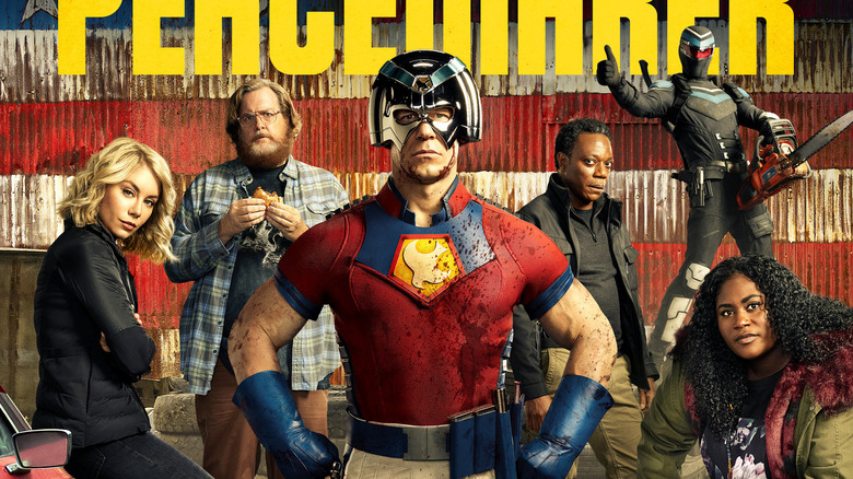 The "Peacemaker" poster, featuring Jennifer Holland, Steve Agee, John Cena, Chukwudi Iwuji, Freddie Stroma and Danielle Brooks