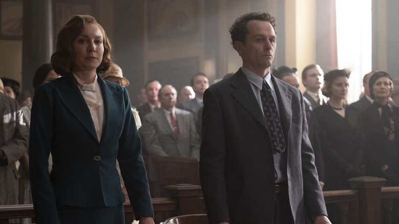 Della Street and Perry Mason standing in courtroom