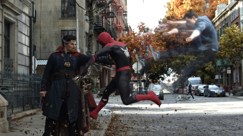 Doctor Strange pushing Peter/Spider-Man