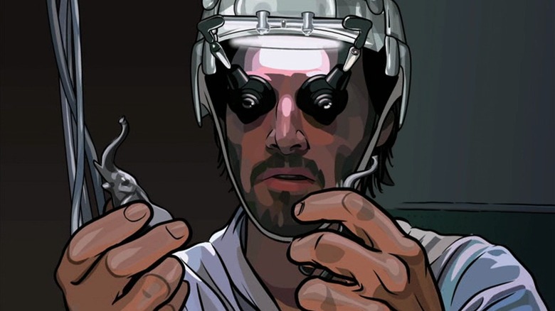 Bob Arctor wearing a sci-fi headset in A Scanner Darkly