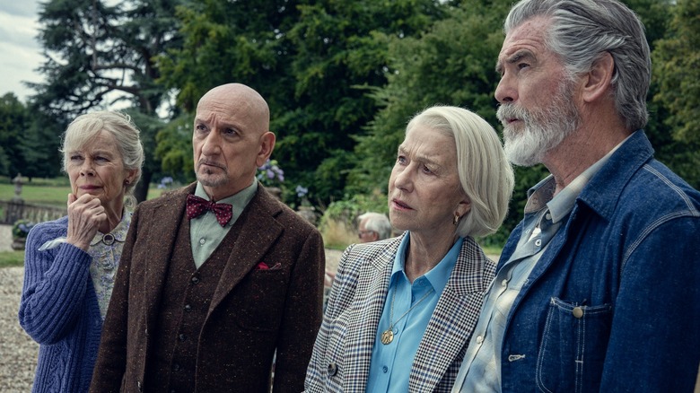 Joyce Meadowcroft, Ibrahim Arif, Elizabeth Best, and Ron Ritchie looking to the side in The Thursday Murder Club