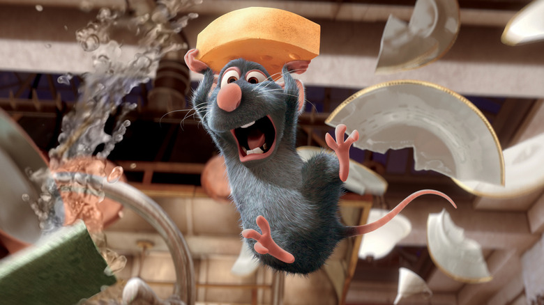Remy leaping with a piece of cheese in Ratatouille