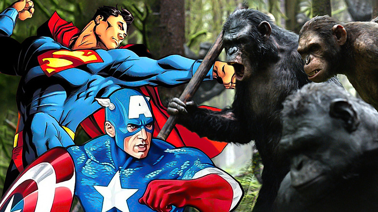 Comics superheroes fighting apes composite