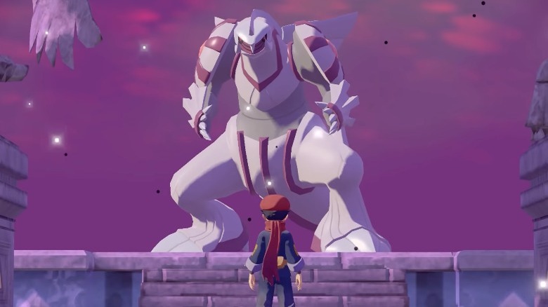 A character in blue and red facing a white and pink Palkia