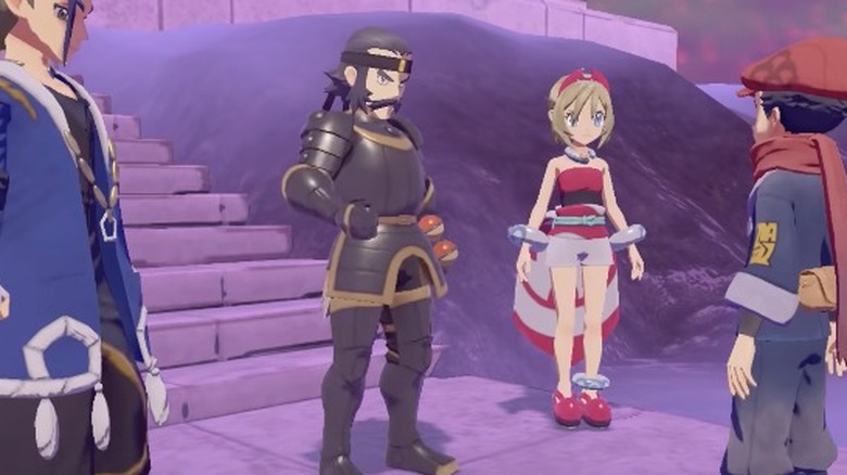 Three characters standing on a pink background talking to a boy in blue and red