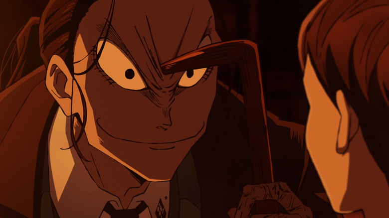 Headmaster Oshibu turns his immobile face angry with a crowbar in 