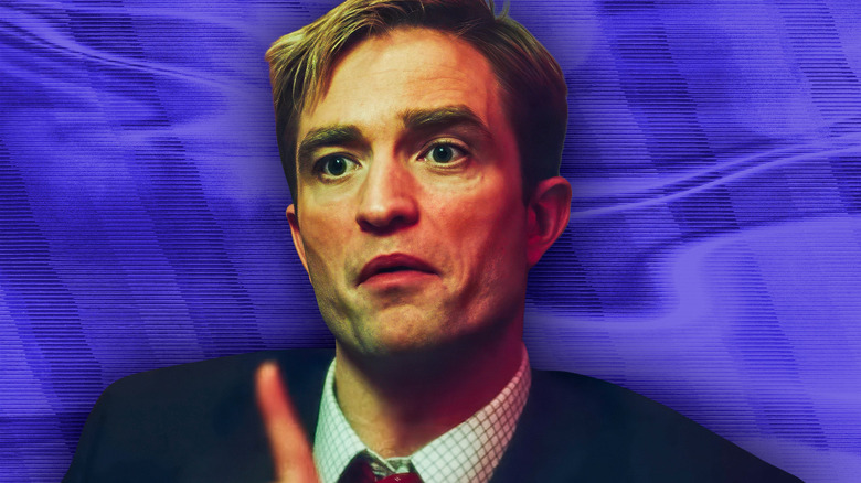 Robert Pattinson's Chris Hansen frowning, set against a wavy purple backdrop
