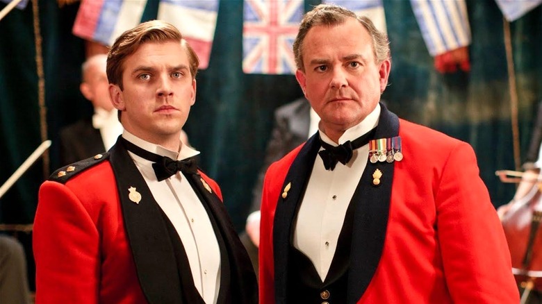 Matthew Crawley and Robert Crawley wearing fancy suits in Downton Abbey