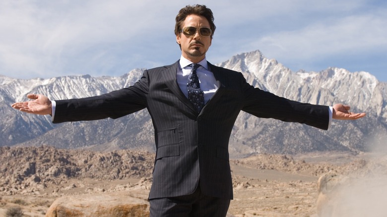 Tony Stark in suit demonstrating a missile in Afghanistan