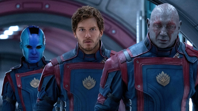 Nebula, Star-Lord, and Drax prepare for a mission in 