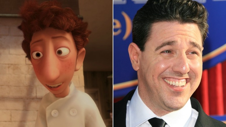 Linguini from Ratatouille talking in front of a wall corner and Lou Romano smiling on the Ratatouille red carpet in 2007