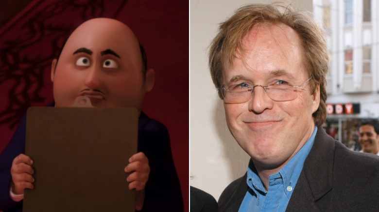 Ego's butler looking up sheepishly over his clipboard in Ratatouille and Brad Bird smiling in 2007