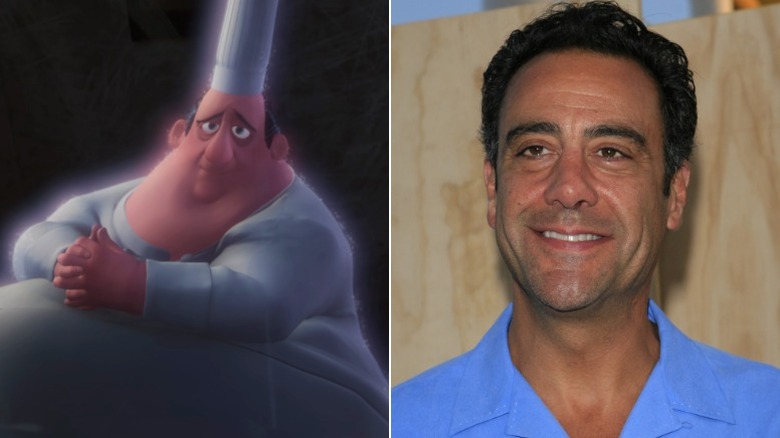 Auguste Gusteau as a hallucination clasping his hands together in Ratatouille and Brad Garrett smiling at a Fox press tour in 2007