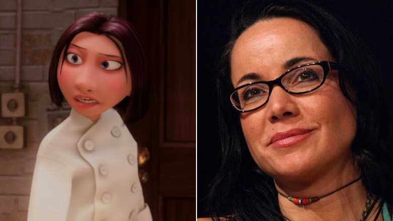 Colette from Ratatouille speaking sternly in the kitchen and Janeane Garofalo smiling at the UCB Theatre in 2007