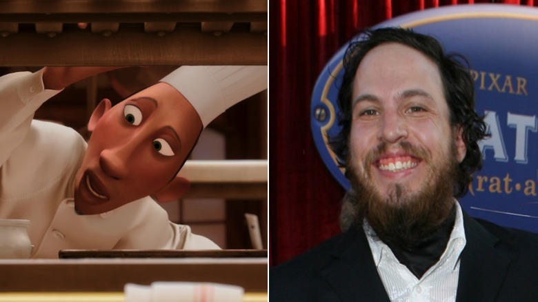 Lalo from Ratatouille speaking under a shelf and Julius Callahan smiling at the Ratatouille premiere in 2007