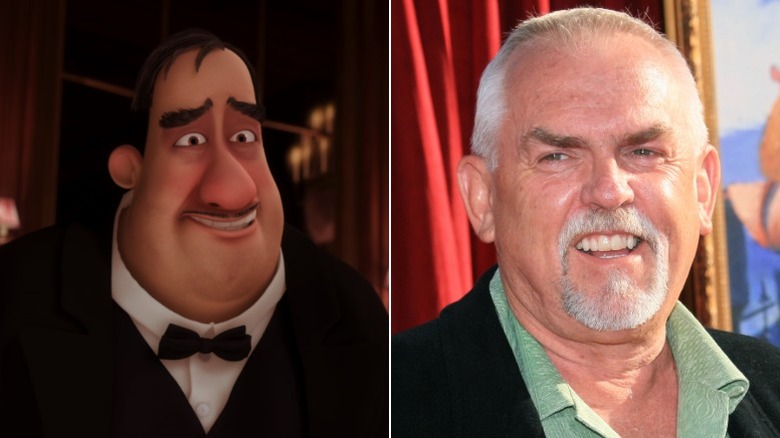 Mustafa from Ratatouille smiling awkwardly and John Ratzenberger at the Ratatouille premiere in 2007
