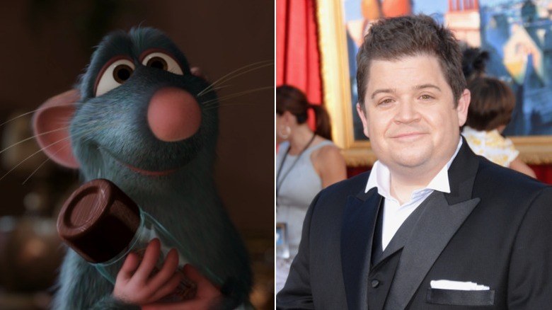Remy from Ratatouille holding a spice bottle and smiling, and Patton Oswalt smiling on the Ratatouille red carpet in 2007