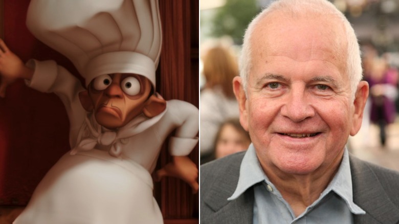 Skinner from Ratatouille leaning against a door in shock and Ian Holm smiling