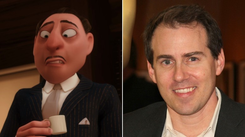 Skinner's lawyer with a baffled expression in Ratatouille and Teddy Newton smiling at an AMPAS event in 2011