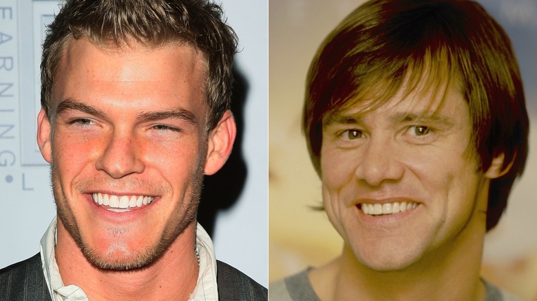 A split image of a young Alan Ritchson and a Truman Show-era Jim Carrey